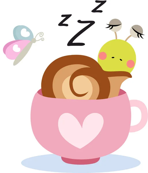 Funny Snail Sleeping Teacup — Stock Vector