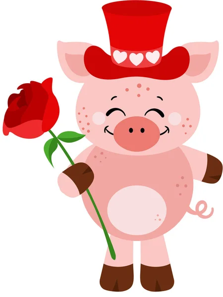 情人节猪 头戴红帽子 手持红玫瑰 — 图库矢量图片