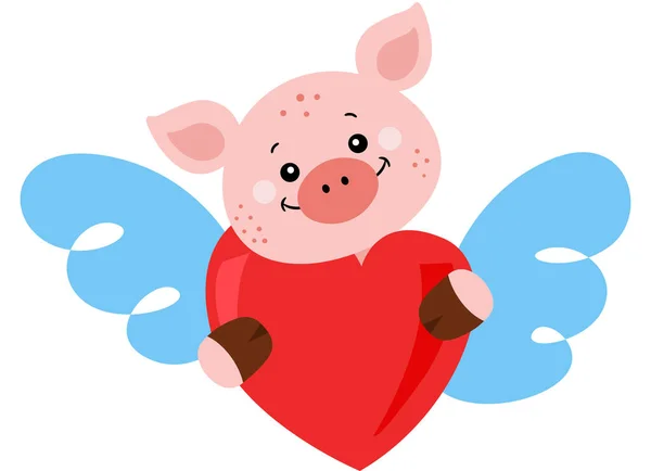 Lindo Cerdo Sosteniendo Corazón Rojo Con Alas — Vector de stock