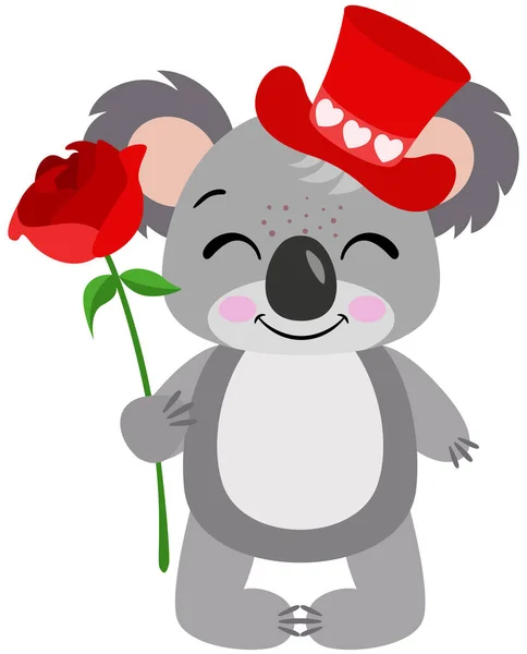 Valentine Koala Mit Rotem Hut Hält Eine Rote Rose Cdr — Stockvektor