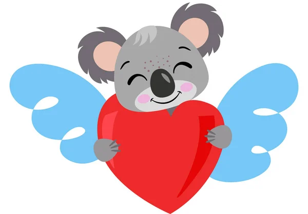 Niedlicher Koala Hält Ein Rotes Herz Mit Flügeln — Stockvektor