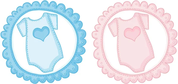 蓝色和粉色婴儿圆圆的标签和紧身衣 — 图库矢量图片