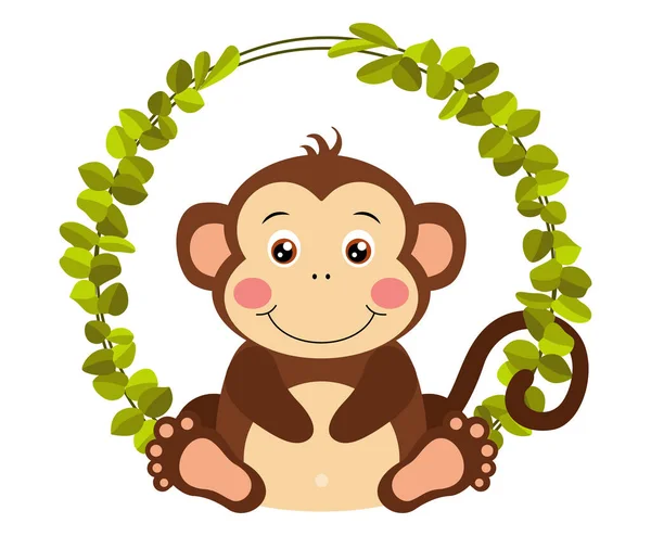 Scimmia Divertente Nella Cornice Foglie Verdi — Vettoriale Stock