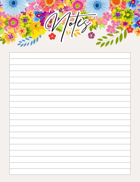 Bloc Notes Page Imprimable Décorée Fleurs Printemps — Image vectorielle