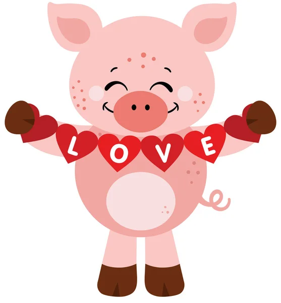 Cerdo Cariñoso Sosteniendo Una Guirnalda Roja Bandera Del Corazón — Vector de stock