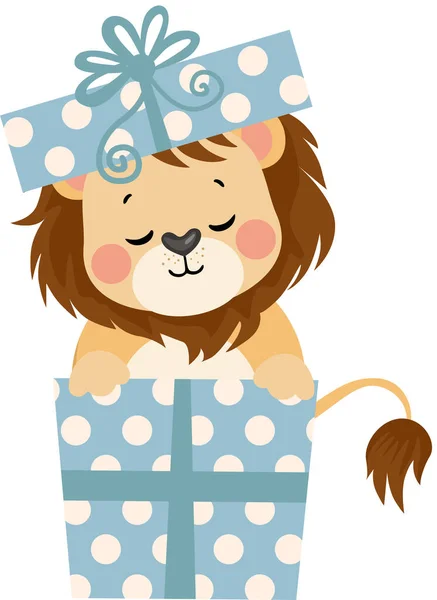 Surprise Joyeux Anniversaire Avec Lion Mignon Sortant Une Boîte Cadeau — Image vectorielle