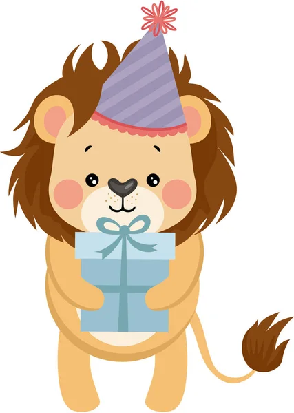 Feliz Cumpleaños León Con Sombrero Sosteniendo Una Caja Regalo — Vector de stock