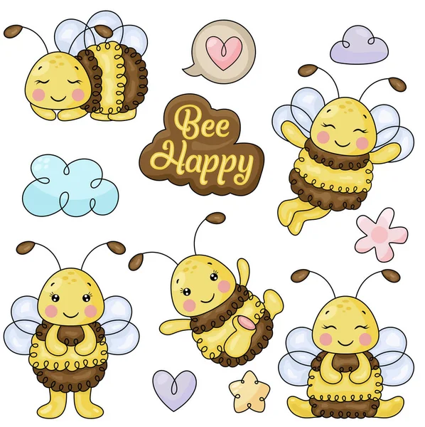 Set Digital Elements Happy Funny Bee — Stock Vector