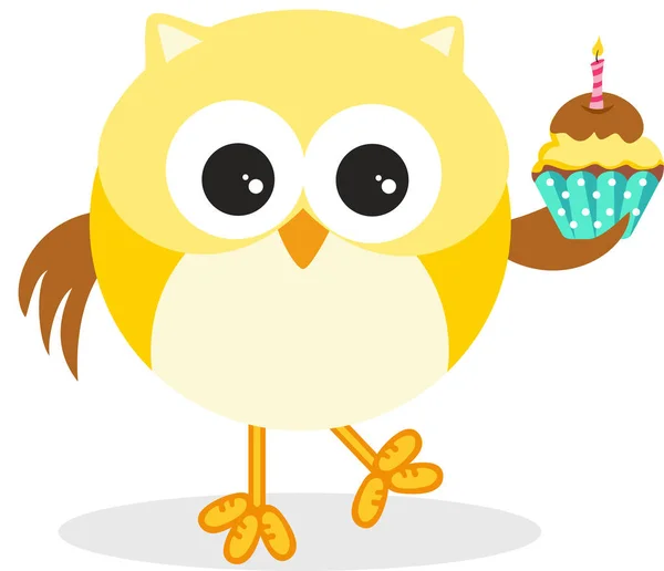 小さな誕生日ケーキを保持する愛らしい黄色のフクロウ — ストックベクタ