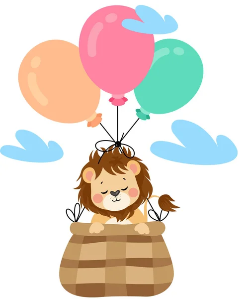 Mignon Lion Volant Dans Panier Avec Des Ballons — Image vectorielle