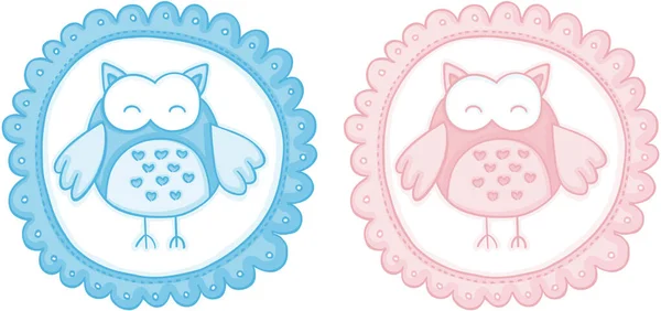 蓝色和粉色婴儿圆标签与可爱的猫头鹰 — 图库矢量图片