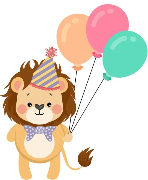 Happy Birthday Cute Lion Holding Three Balloons — Stock Vector