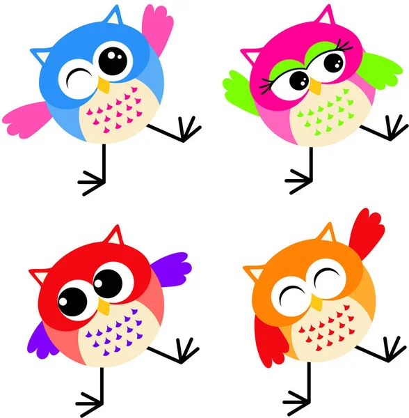 Set Four Funny Colored Owls — Stock Vector