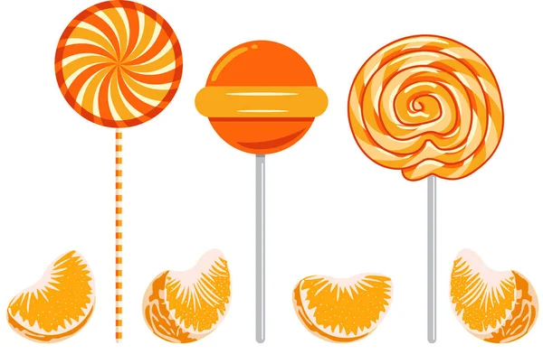 Set Three Delicious Orange Lollipops — Stock Vector