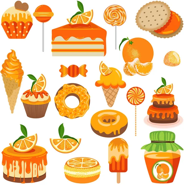 Zestaw Elementów Cyfrowych Pomarańczowymi Cukierkami Owocowymi — Wektor stockowy