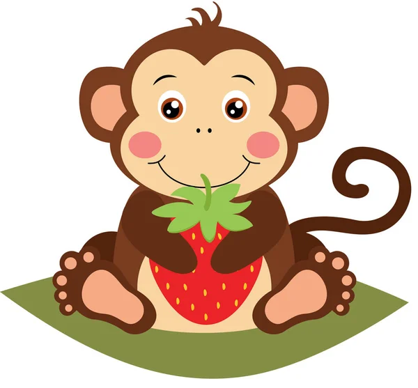 可爱的猴子 手里拿着红色草莓 — 图库矢量图片