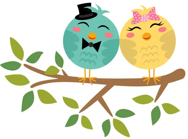 Drôle Couple Oiseaux Sur Arbre Branches — Image vectorielle