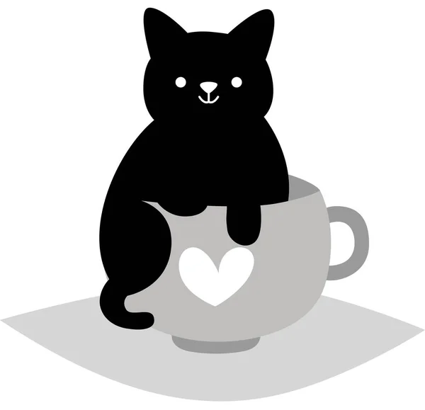 Черный Кот Чашке Чая — стоковый вектор
