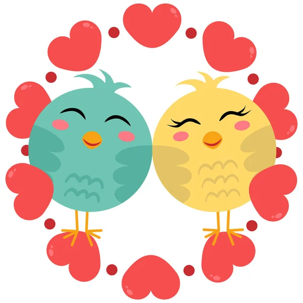 Drôle Oiseaux Couple Sur Cadre Rond Avec Des Cœurs Rouges — Image vectorielle