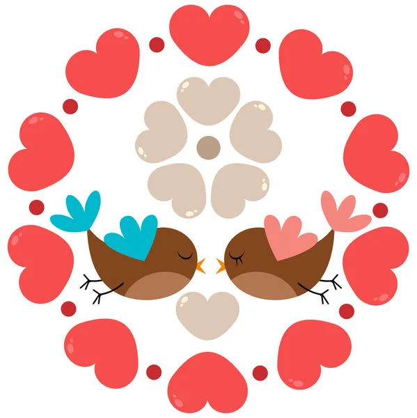 赤いハートの丸い枠の上の鳥を愛する — ストックベクタ