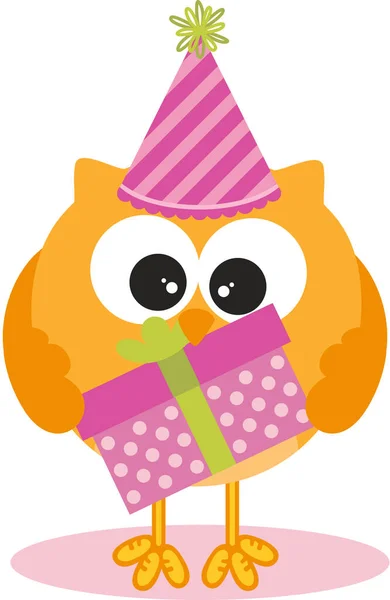 Cute Birthday Owl Holding Box Gift — Stock Vector