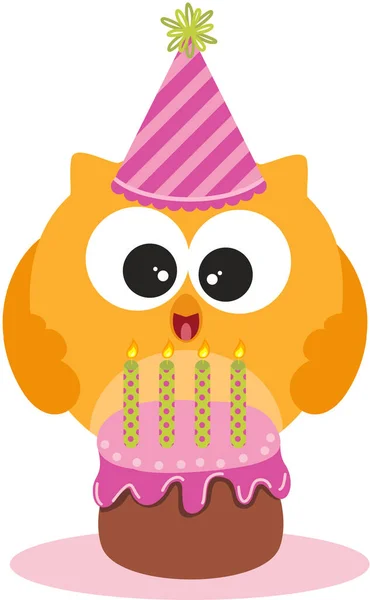 搞笑猫头鹰与生日蛋糕 — 图库矢量图片