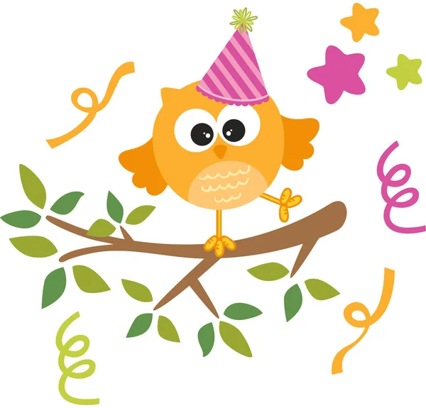 Funny Birthday Owl Partying Top Tree Branch Leaves — Stock Vector