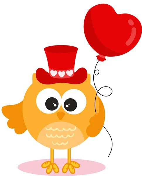 Aranyos Bagoly Piros Kalapban Kezében Egy Szívballonnal — Stock Vector