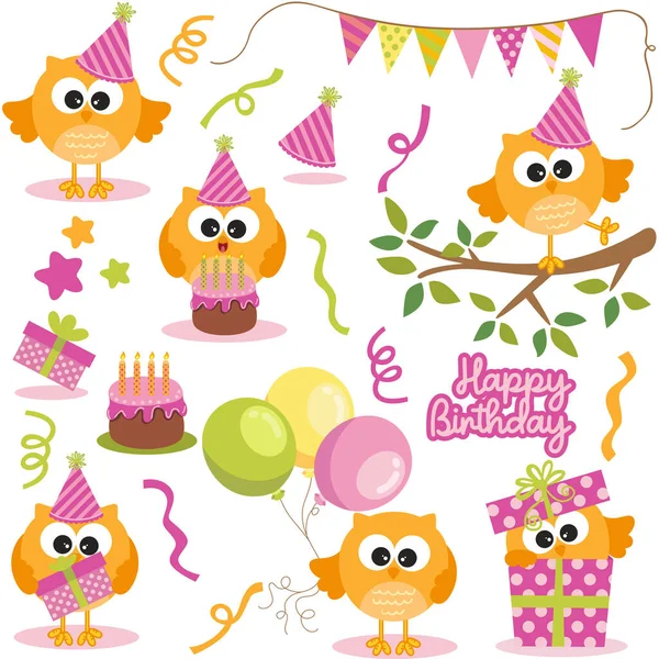 Set Digital Elements Birthday Party Owl — Stock Vector