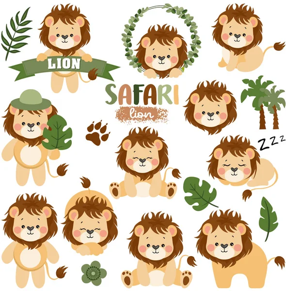 Ensemble Éléments Numériques Avec Lion Explorateur Safari Mignon — Image vectorielle