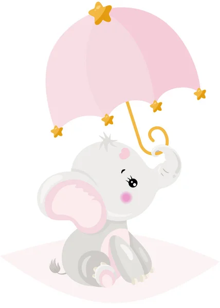 Baby Meisje Olifant Met Roze Paraplu — Stockvector