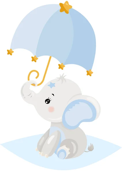 Baby Boy Elephant Blue Umbrella — Stock Vector