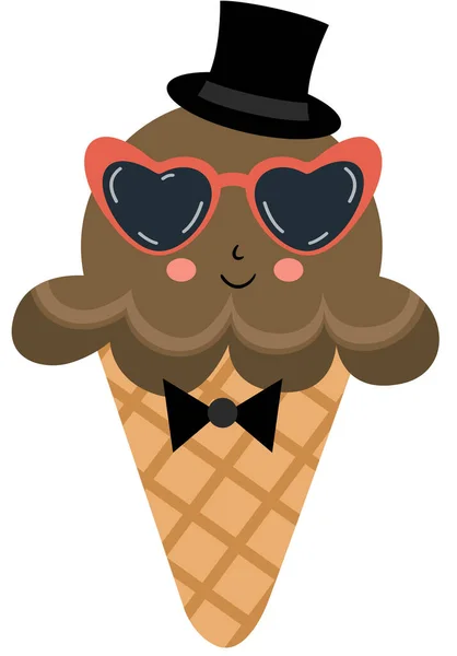 心のサングラスと黒の帽子と面白いチョコレートアイスクリームコーン — ストックベクタ