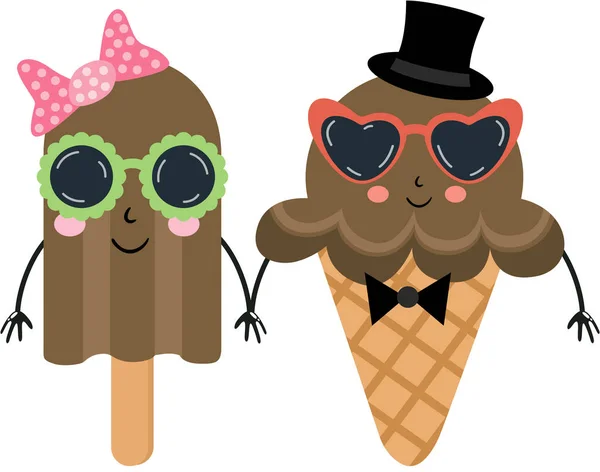 面白いカップルのチョコレートアイスクリームとサングラス — ストックベクタ