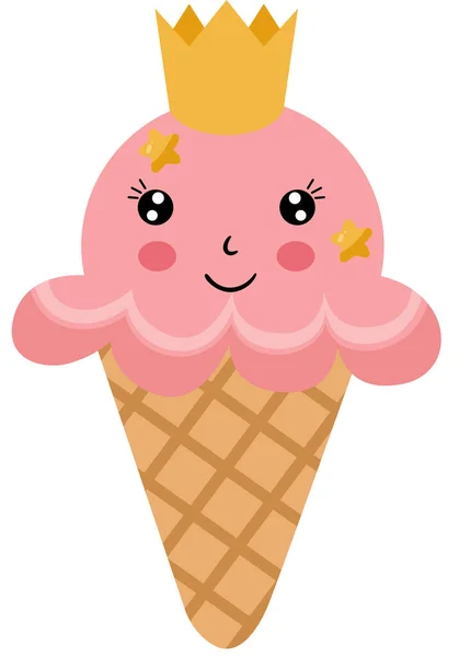 有金冠和星星的有趣的冰淇淋锥 — 图库矢量图片
