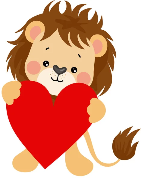 Leão Bonito Segurando Coração Vermelho — Vetor de Stock