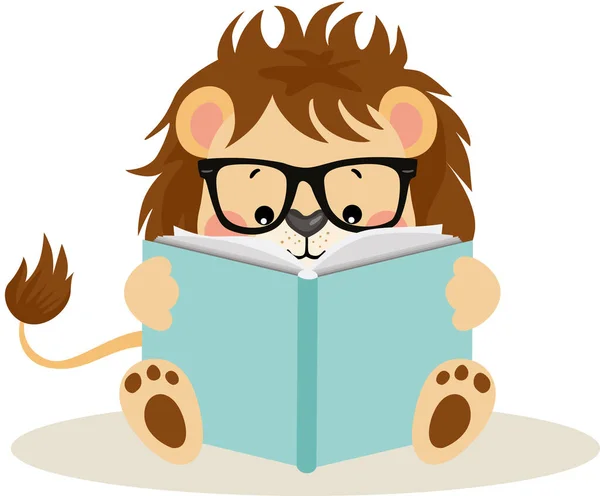 Niedlicher Löwe Sitzt Und Liest Ein Buch — Stockvektor