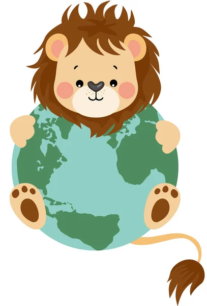 带着地球仪的可爱狮子 — 图库矢量图片