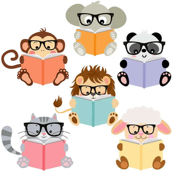 Set Simpatici Animali Che Leggono Libro — Vettoriale Stock