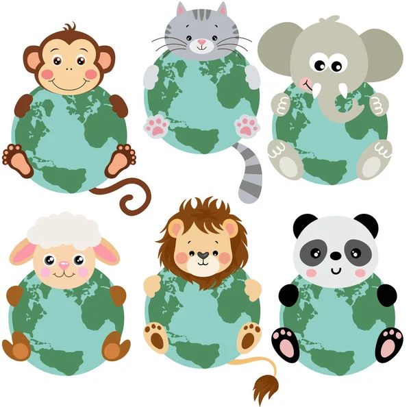 Set Cute Animals Globe — Stock Vector