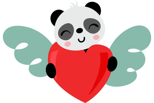 Mignon Panda Tenant Coeur Rouge Avec Des Ailes — Image vectorielle