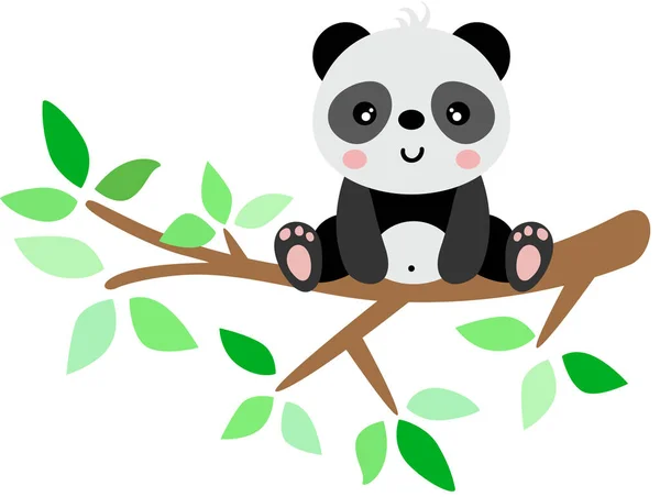 緑の葉の木の枝に面白いパンダ — ストックベクタ