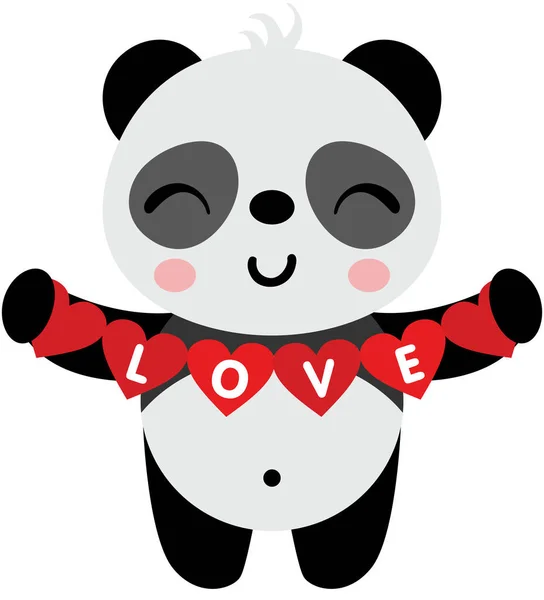 Amante Panda Segurando Amor Vermelho Coração Bandeira Guirlanda — Vetor de Stock