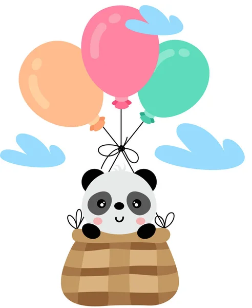 Panda Bonito Voando Cesta Com Balões — Vetor de Stock