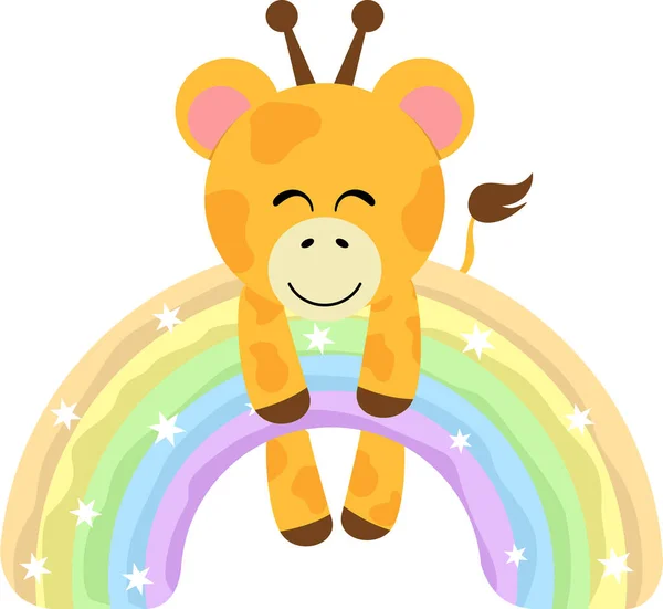 Cute Giraffe Hanging Magic Rainbow — Stock Vector