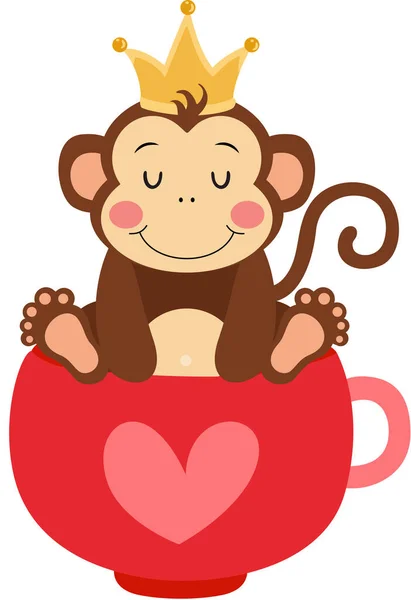 Cute Małpa Koroną Głowie Wewnątrz Kubek Miłości — Wektor stockowy