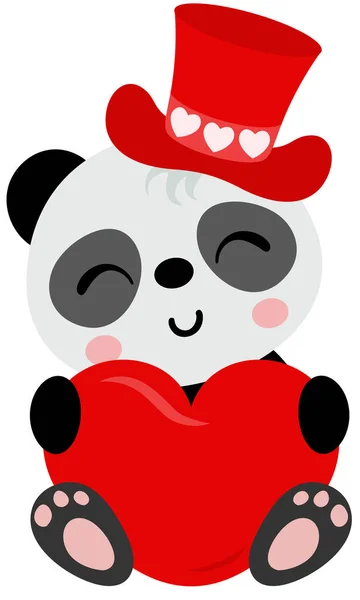 Adorable Panda Avec Chapeau Saint Valentin Tenant Cœur Rouge — Image vectorielle