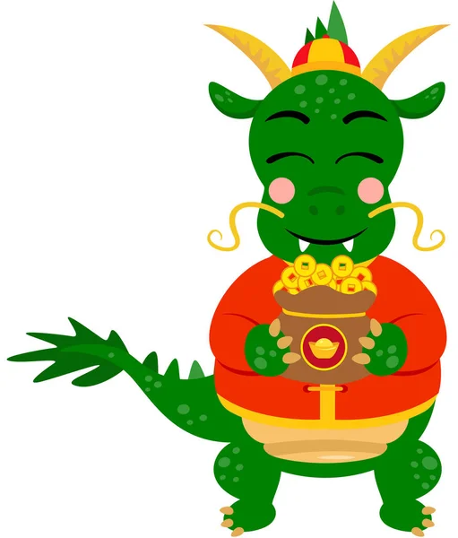 Carino Cinese Zodiaco Drago Verde Possesso Sacchetto Monete Oro — Vettoriale Stock
