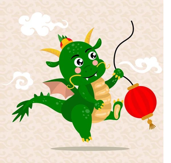 かわいい緑の龍幸せな中国の新年 — ストックベクタ