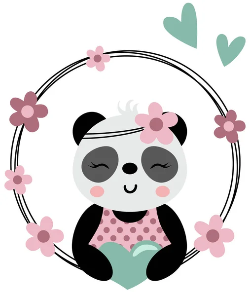 stock vector Friendly panda peeking out of spring round frame